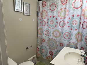 Full bath featuring a sink, toilet, and shower / bathtub combination with curtain
