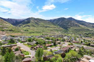 Aerial perspective of suburban area with mountains