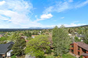 Aerial perspective of suburban area featuring a mountainous background