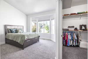 Bedroom featuring carpet flooring, baseboards, and a closet