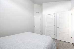 Bedroom featuring carpet, a closet, and vaulted ceiling