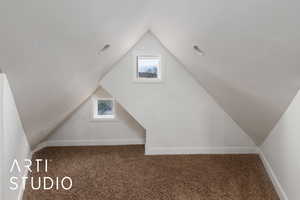 Additional living space featuring lofted ceiling, baseboards, and carpet