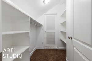 Spacious closet featuring vaulted ceiling and carpet floors