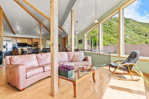 Great room featuring hickory hardwood flooring