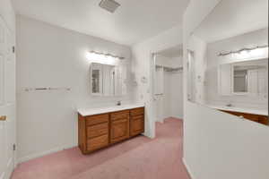 Full bathroom featuring vanity, baseboards, and carpet flooring