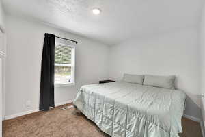 Carpeted bedroom with baseboards and a textured ceiling