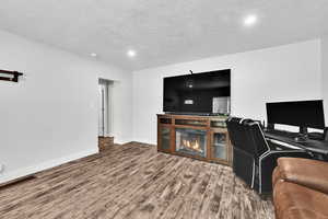 Living room with wood finished floors, baseboards, a textured ceiling, and a glass covered fireplace