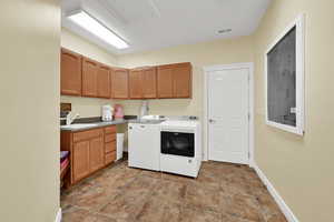 Laundry room with a sink, cabinet space, stone finish floor, visible vents, and washing machine and clothes dryer