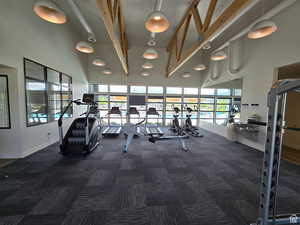 Gym featuring a high ceiling, carpet floors, and baseboards