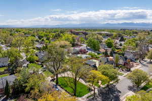 Aerial view of residential area with mountains