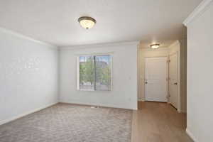 Unfurnished room featuring crown molding, light wood-style floors, baseboards, and a textured ceiling