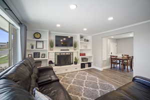 Living room featuring crown molding, wood finished floors, recessed lighting, a stone fireplace, and baseboards