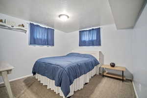 Bedroom featuring carpet floors, baseboards, and a textured ceiling