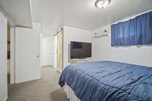 Bedroom featuring a barn door, carpet flooring, and a textured ceiling