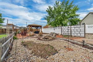 Fenced backyard featuring a gazebo