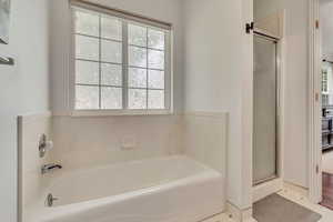 Full bathroom featuring a stall shower, a garden tub, and tile patterned floors