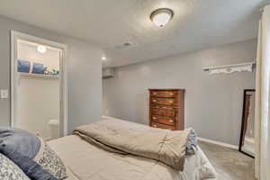 Bedroom featuring carpet floors, a textured ceiling, and baseboards