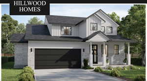 Rendering of front of property featuring driveway, brick siding, board and batten siding, and fence