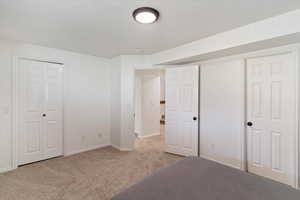 Primary bedroom featuring light colored carpet, baseboards, and a closet