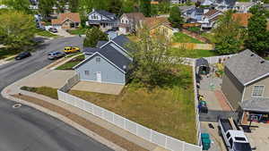 Aerial view of residential area with RV parking