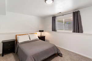 Primary bedroom featuring carpet floors, baseboards, and a textured ceiling