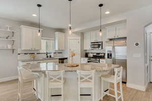 Kitchen featuring light wood-style floors, decorative backsplash, appliances with stainless steel finishes, and a sink
