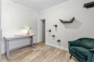 Living area featuring light wood finished floors, baseboards, and ornamental molding