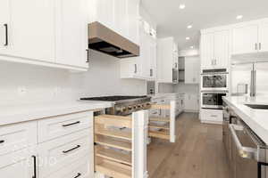 Kitchen with stainless steel appliances, under cabinet range hood, recessed lighting, light wood-style flooring, and white cabinetry