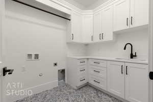 Laundry room featuring electric dryer hookup, cabinet space, washer hookup, light floors, and hookup for a gas dryer