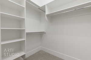 Walk in closet with carpet floors
