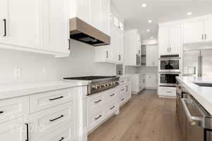 Kitchen featuring appliances with stainless steel finishes, under cabinet range hood, recessed lighting, white cabinetry, and backsplash