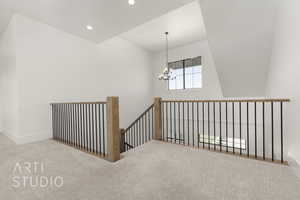 Staircase with a chandelier, carpet floors, baseboards, and recessed lighting