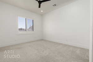 Empty room with ceiling fan, carpet flooring, baseboards, and recessed lighting