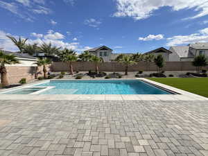 View of swimming pool with a fenced backyard and a patio area
