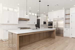 Kitchen with appliances with stainless steel finishes, a sink, decorative backsplash, white cabinetry, and recessed lighting