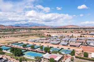 Aerial view of Community Center area featuring a mountainous background