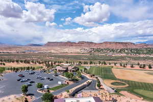 Aerial view of mountains and a golf club