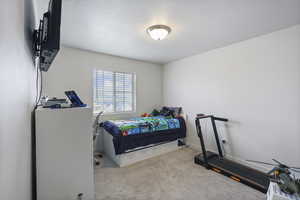 Carpeted bedroom featuring a textured ceiling