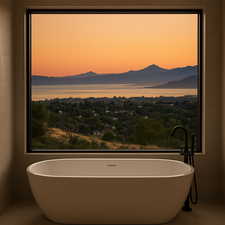 Bathroom featuring a mountain view, tile patterned floors, and a freestanding bath