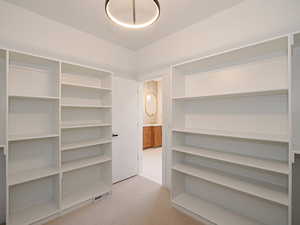 Walk in closet with carpet and a sink