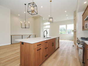 Kitchen featuring stainless steel appliances, a chandelier, a sink, light wood-style floors, and recessed lighting