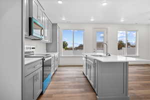 Kitchen featuring gray cabinets, stainless steel appliances, an island with sink, light wood-type flooring, and recessed lighting