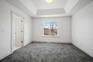 Unfurnished room featuring carpet, a tray ceiling, and baseboards