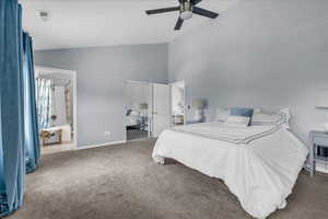 (3) Owners Bedroom featuring carpet floors, high vaulted ceiling, baseboards, and ceiling fan