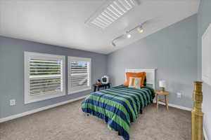 (2) Bedroom with carpet, skylight, rail lighting, and baseboards
