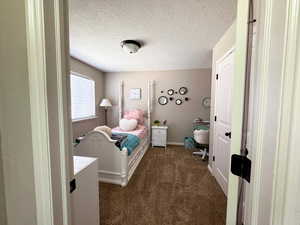 Bedroom featuring baseboards, dark colored carpet, and a textured ceiling