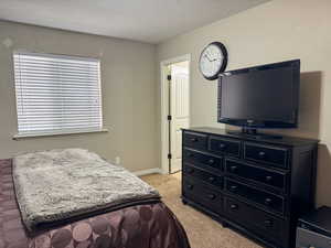 Bedroom with baseboards, light carpet, and a textured ceiling