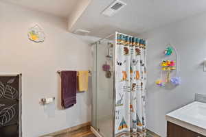 Bathroom featuring a stall shower, a textured ceiling, wood finished floors, and vanity