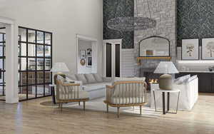 Living area with a fireplace, light wood-type flooring, and a towering ceiling