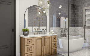 Full bathroom featuring a freestanding tub, tile walls, vanity, and marble finish floor